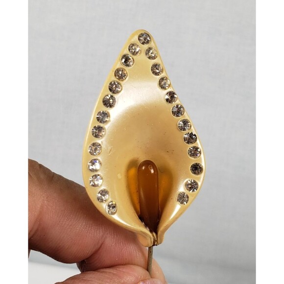Vintage 1940's Celluloid Calla Lily Cream Clear Rhinestones 4" Stick Pin Brooch - Picture 6 of 15